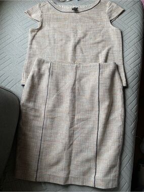 Ann Taylor Textured Cream Midi Skirt Suit with Navy Trim